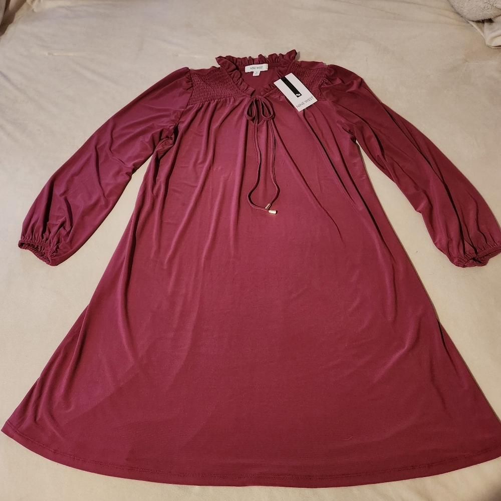 NWT Nine West Womens Sz M Plum Long Sleeve Ruffle Neck Smocked Shift Dress